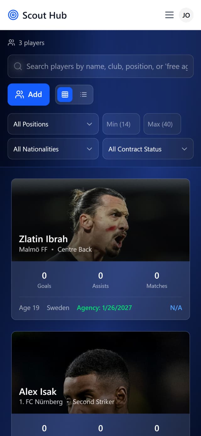 ScoutHub Player Database — grid view with player cards showing photo, club, position, and stats