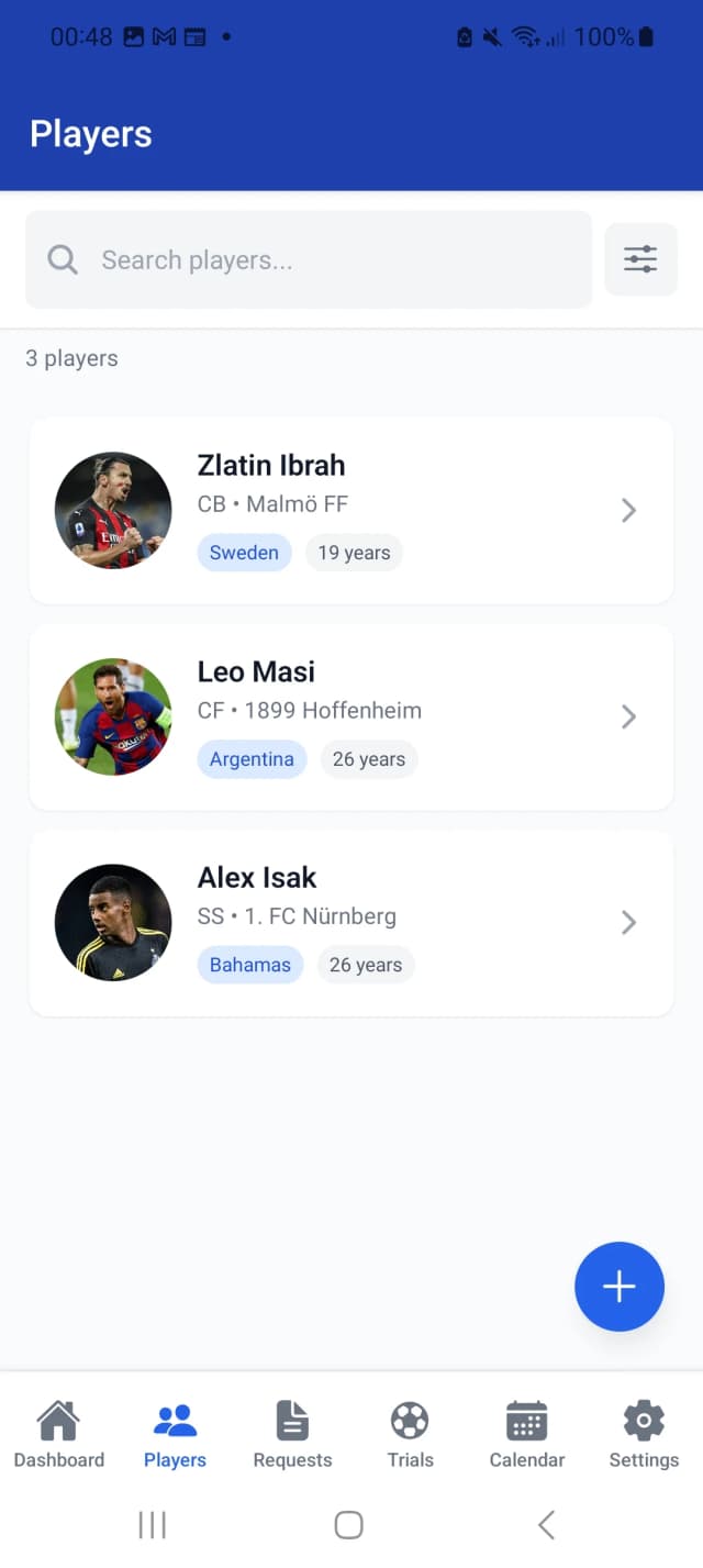 ScoutHub Players Search — search and filter players by name, club, position, or nationality